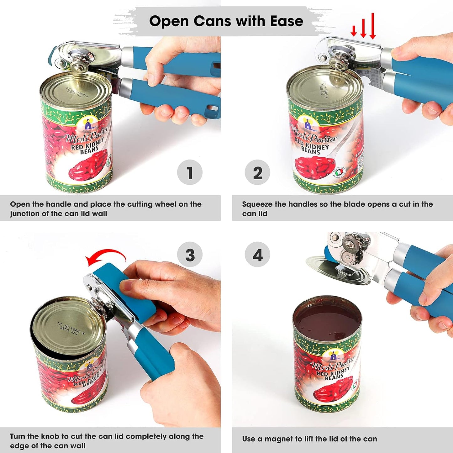 Heavy Duty Hand Can Opener Manual with Magnet Lid Remover, Green | Razor-Sharp Carbon Steel Blade, Precise Smooth Cutting Gear, Big Effort-Saving Knob, Soft Grip Handle, Built-in Bottle Opener