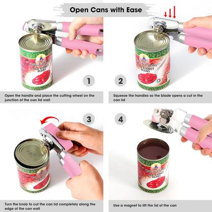 Heavy Duty Hand Can Opener Manual with Magnet Lid Remover, Green | Razor-Sharp Carbon Steel Blade, Precise Smooth Cutting Gear, Big Effort-Saving Knob, Soft Grip Handle, Built-in Bottle Opener