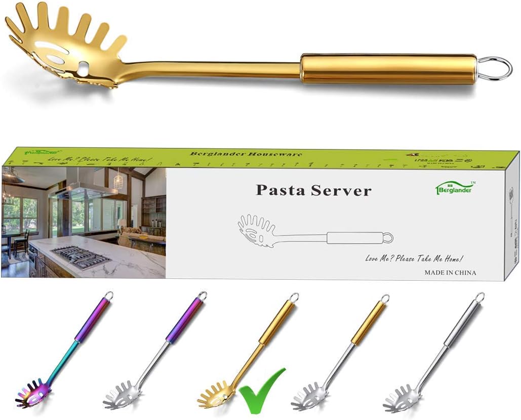 Pasta Fork, Stainless Steel Gold Pasta Server, Spaghetti Spoon, Golden Spaghetti Server With Titanium Plating, Noddle Fork, Heat Resistant (Gold)