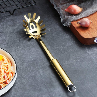 Pasta Fork, Stainless Steel Gold Pasta Server, Spaghetti Spoon, Golden Spaghetti Server With Titanium Plating, Noddle Fork, Heat Resistant (Gold)