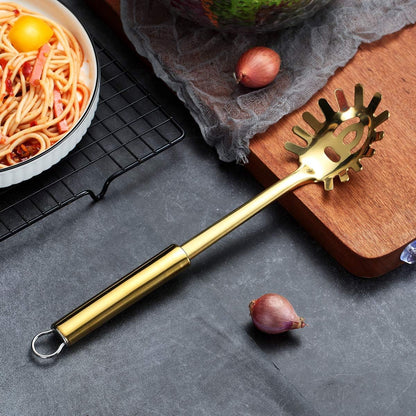 Pasta Fork, Stainless Steel Gold Pasta Server, Spaghetti Spoon, Golden Spaghetti Server With Titanium Plating, Noddle Fork, Heat Resistant (Gold)