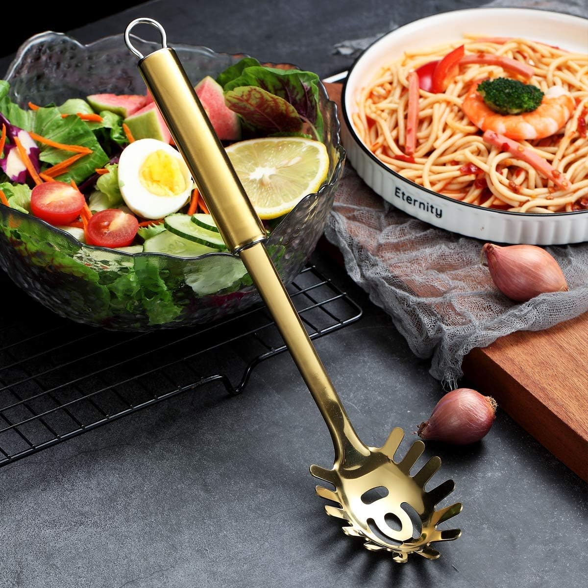 Pasta Fork, Stainless Steel Gold Pasta Server, Spaghetti Spoon, Golden Spaghetti Server With Titanium Plating, Noddle Fork, Heat Resistant (Gold)