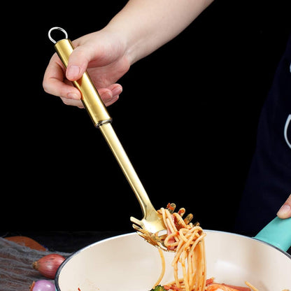 Pasta Fork, Stainless Steel Gold Pasta Server, Spaghetti Spoon, Golden Spaghetti Server With Titanium Plating, Noddle Fork, Heat Resistant (Gold)