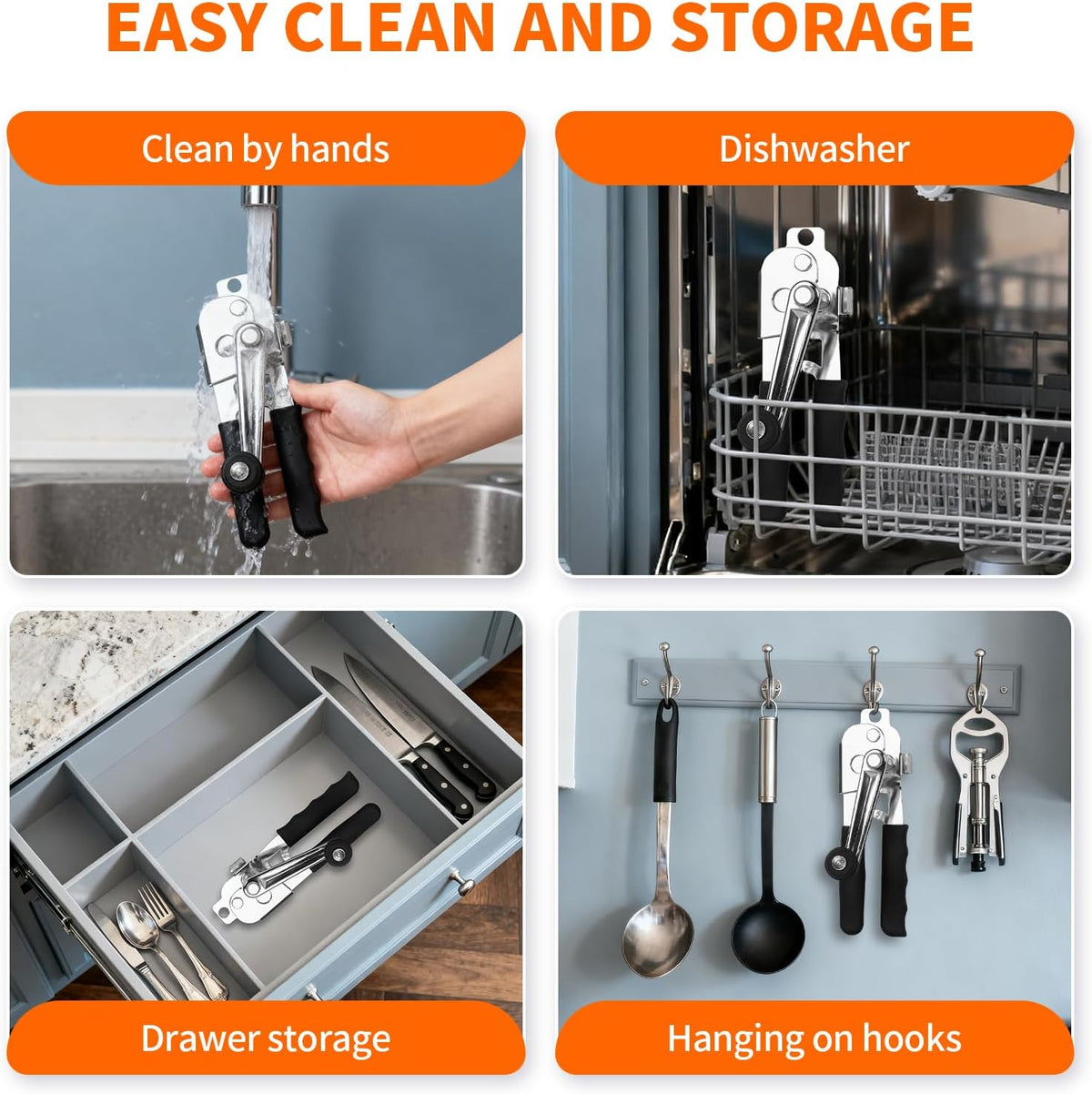 Manual Can Opener with Wall Mounting Hole, Hand Crank Can Opener with Long Handle, Smooth Edge Cutting Kitchen Tool for Seniors and Home Use