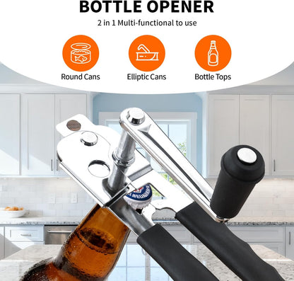 Manual Can Opener with Wall Mounting Hole, Hand Crank Can Opener with Long Handle, Smooth Edge Cutting Kitchen Tool for Seniors and Home Use