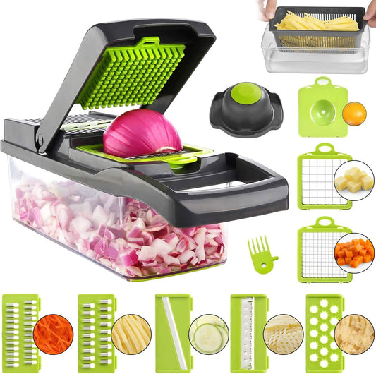 Mandoline Slicer for Kitchen, Vegetable Chopper with Container, 14 in 1 Multifunctional Food Chopper, 7 Blade Onion Cucumber Slicer Vegetable Cutter for Salad, Potato Essential Kitchen Gadgets