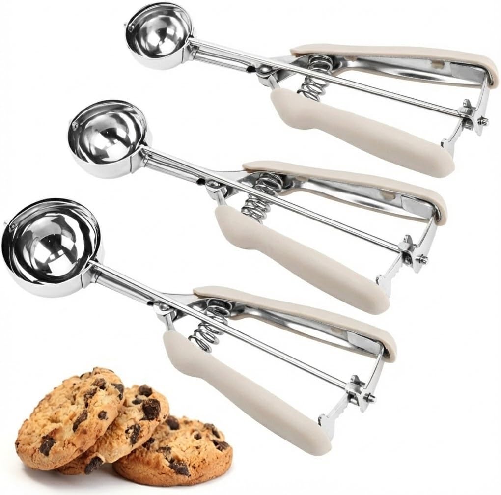 Cookie Scoop Set, 3Pcs Ice Cream Scoop, Cookie Scoops for Baking Set of 3, 18/8 Stainless Steel Cookie Scooper for Baking, Ice Cream Scooper with Trigger Release, Cookie Dough Scoop with Non-slip Grip