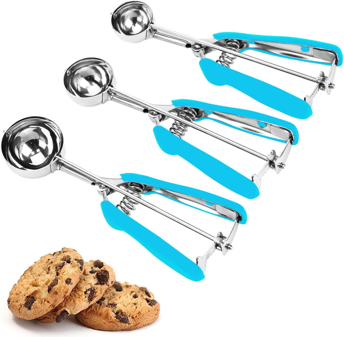 Cookie Scoop Set, 3Pcs Ice Cream Scoop, Cookie Scoops for Baking Set of 3, 18/8 Stainless Steel Cookie Scooper for Baking, Ice Cream Scooper with Trigger Release, Cookie Dough Scoop with Non-slip Grip