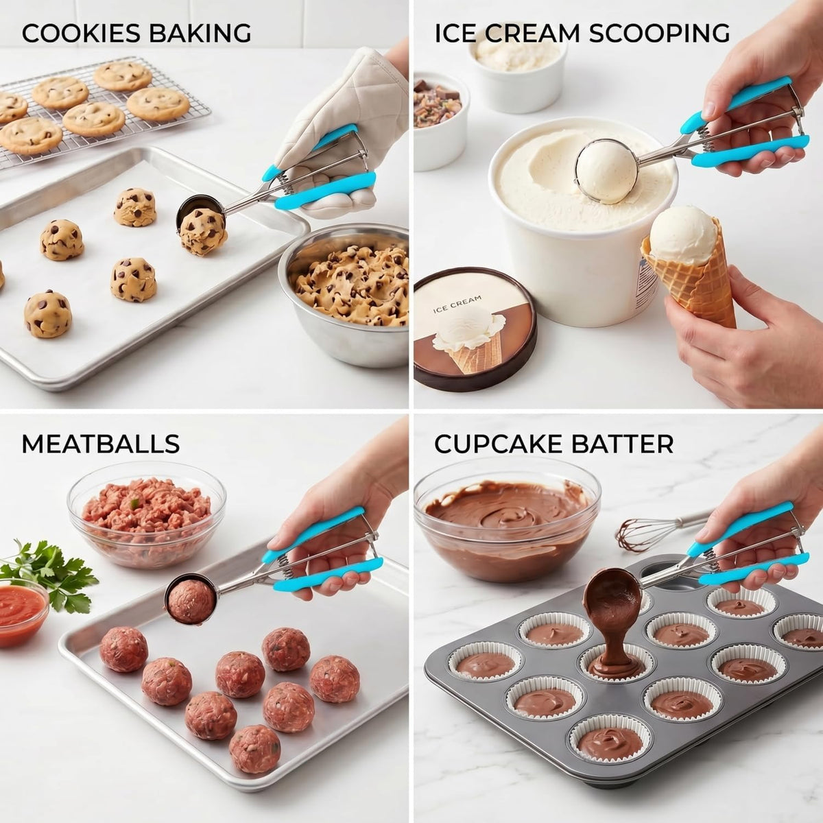 Cookie Scoop Set, 3Pcs Ice Cream Scoop, Cookie Scoops for Baking Set of 3, 18/8 Stainless Steel Cookie Scooper for Baking, Ice Cream Scooper with Trigger Release, Cookie Dough Scoop with Non-slip Grip