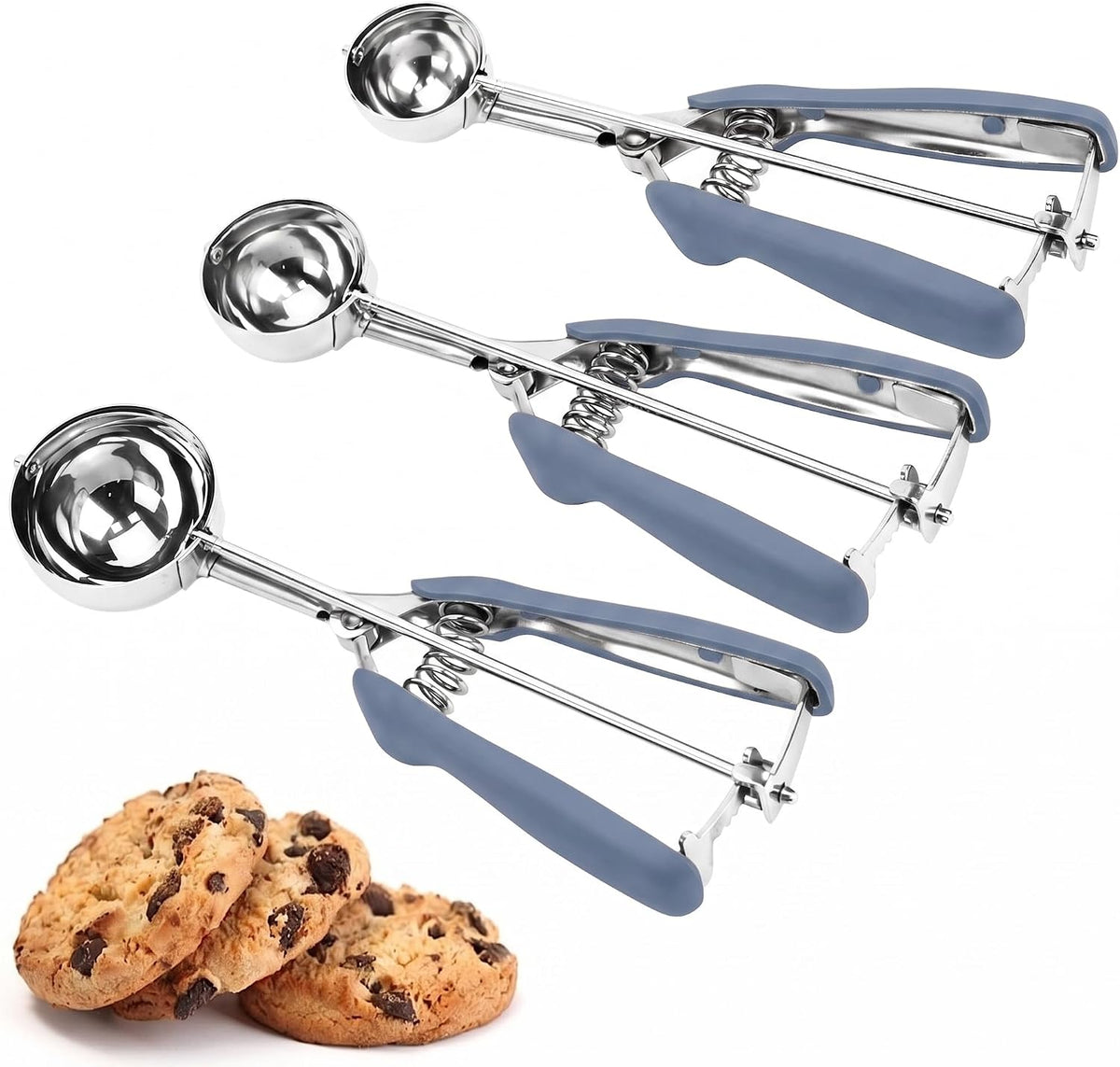 Cookie Scoop Set, 3Pcs Ice Cream Scoop, Cookie Scoops for Baking Set of 3, 18/8 Stainless Steel Cookie Scooper for Baking, Ice Cream Scooper with Trigger Release, Cookie Dough Scoop with Non-slip Grip