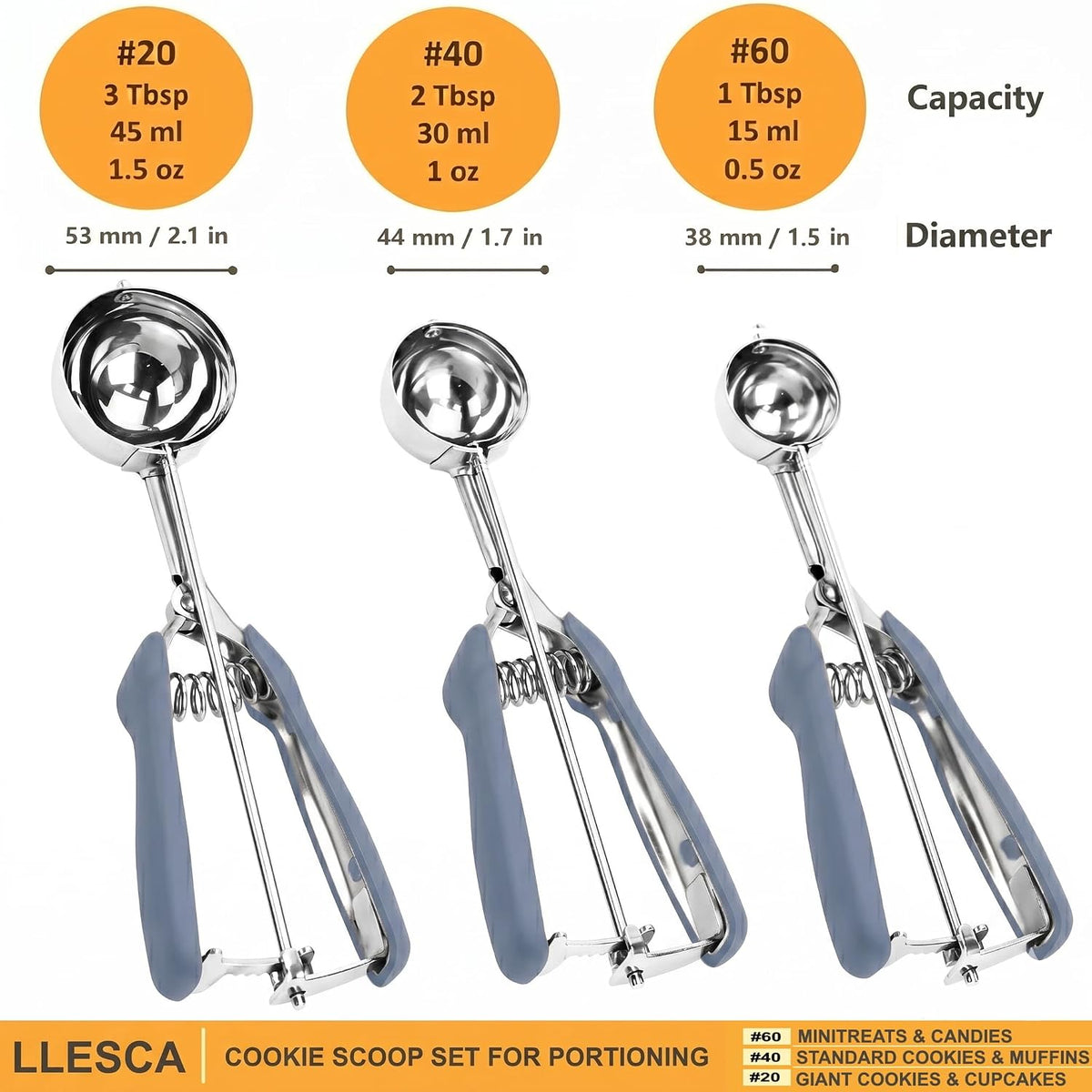 Cookie Scoop Set, 3Pcs Ice Cream Scoop, Cookie Scoops for Baking Set of 3, 18/8 Stainless Steel Cookie Scooper for Baking, Ice Cream Scooper with Trigger Release, Cookie Dough Scoop with Non-slip Grip