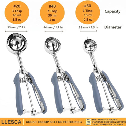 Cookie Scoop Set, 3Pcs Ice Cream Scoop, Cookie Scoops for Baking Set of 3, 18/8 Stainless Steel Cookie Scooper for Baking, Ice Cream Scooper with Trigger Release, Cookie Dough Scoop with Non-slip Grip