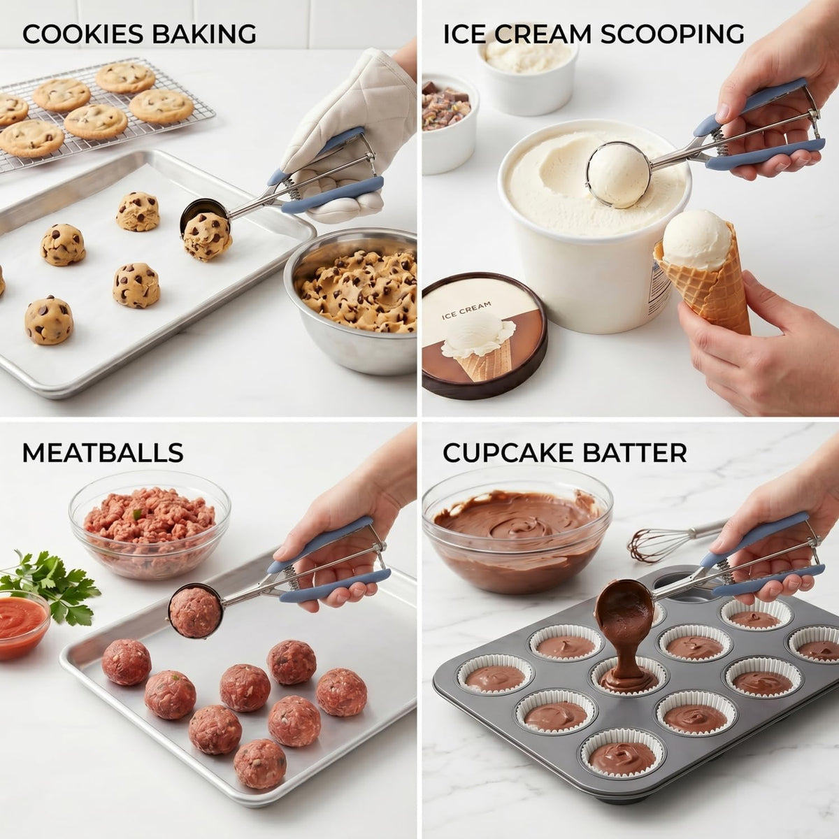 Cookie Scoop Set, 3Pcs Ice Cream Scoop, Cookie Scoops for Baking Set of 3, 18/8 Stainless Steel Cookie Scooper for Baking, Ice Cream Scooper with Trigger Release, Cookie Dough Scoop with Non-slip Grip