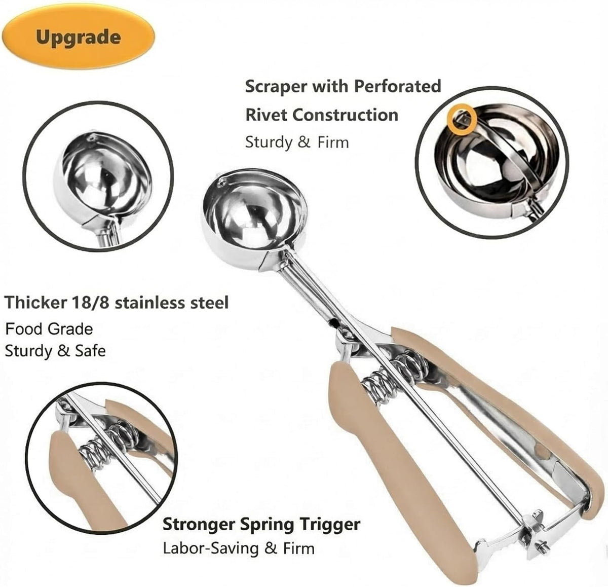 Cookie Scoop Set, 3Pcs Ice Cream Scoop, Cookie Scoops for Baking Set of 3, 18/8 Stainless Steel Cookie Scooper for Baking, Ice Cream Scooper with Trigger Release, Cookie Dough Scoop with Non-slip Grip