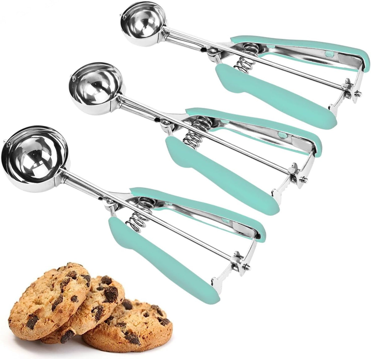 Cookie Scoop Set, 3Pcs Ice Cream Scoop, Cookie Scoops for Baking Set of 3, 18/8 Stainless Steel Cookie Scooper for Baking, Ice Cream Scooper with Trigger Release, Cookie Dough Scoop with Non-slip Grip