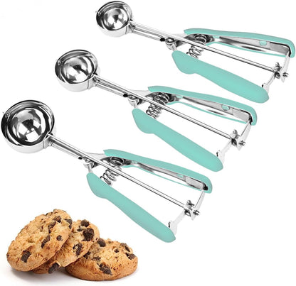 Cookie Scoop Set, 3Pcs Ice Cream Scoop, Cookie Scoops for Baking Set of 3, 18/8 Stainless Steel Cookie Scooper for Baking, Ice Cream Scooper with Trigger Release, Cookie Dough Scoop with Non-slip Grip