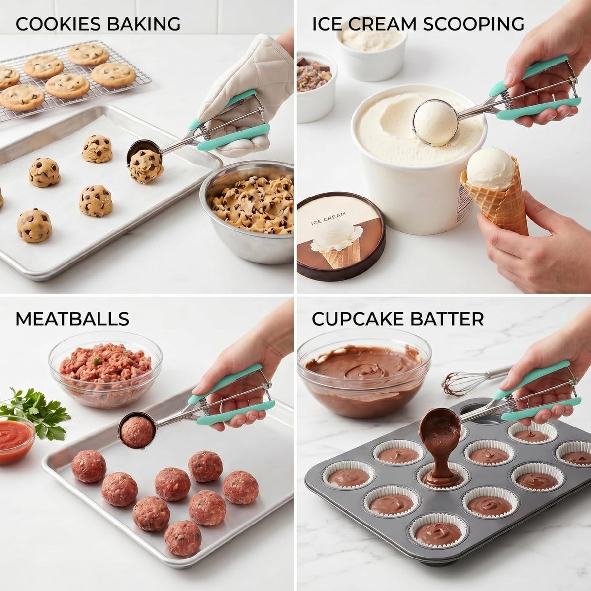 Cookie Scoop Set, 3Pcs Ice Cream Scoop, Cookie Scoops for Baking Set of 3, 18/8 Stainless Steel Cookie Scooper for Baking, Ice Cream Scooper with Trigger Release, Cookie Dough Scoop with Non-slip Grip