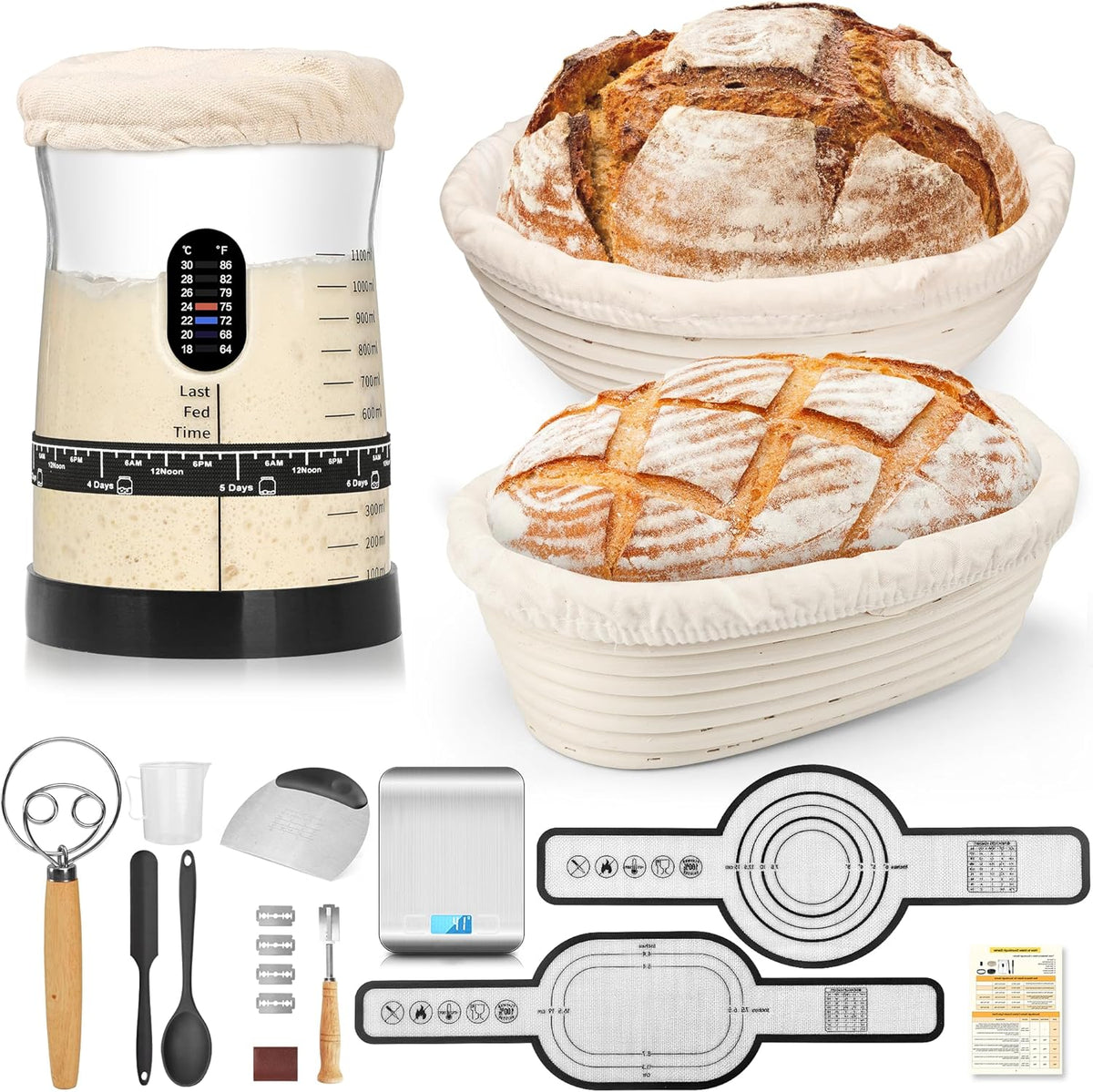 Sourdough Starter Kit, 50oz Jar, Banneton Bread Proofing Baskets
