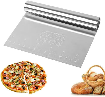 Multipurpose Pro Heavy Duty Stainless Steel Dough Pastry Scraper Cutter Chopper Pizza Cutter with Measuring Scale and Ergonomic Rubber Non-Slip Grip (Stainless Steel, 1 PCS)