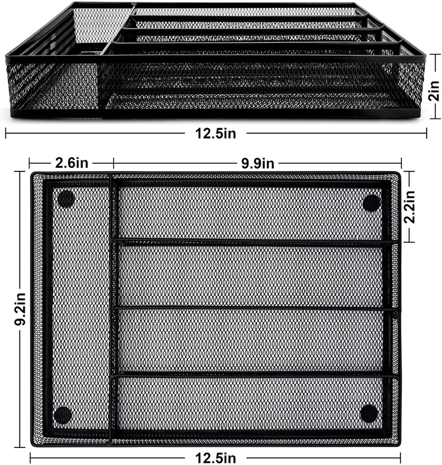 Utensil Drawer Organizer, Mesh Wire Silverware Organizer Divider for Kitchen, Stainless Steel Cutlery Flatware Storage Tray with Non-Slip Foam Feet, 5 Compartment, 12.5 x 9.2Inch, Black