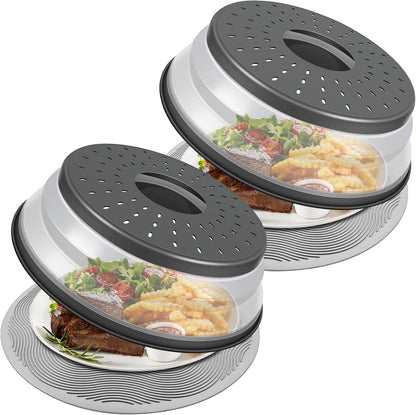 Pack 2, Microwave Food Cover with Mat 12 Inch, Mat as Bowl Holder, Cover for Splatter Guard, Collapsible Lid for Plate, Multi-Use Silicone Mat & Kitchen Colander Gadget for Meal Prep, Charcoal