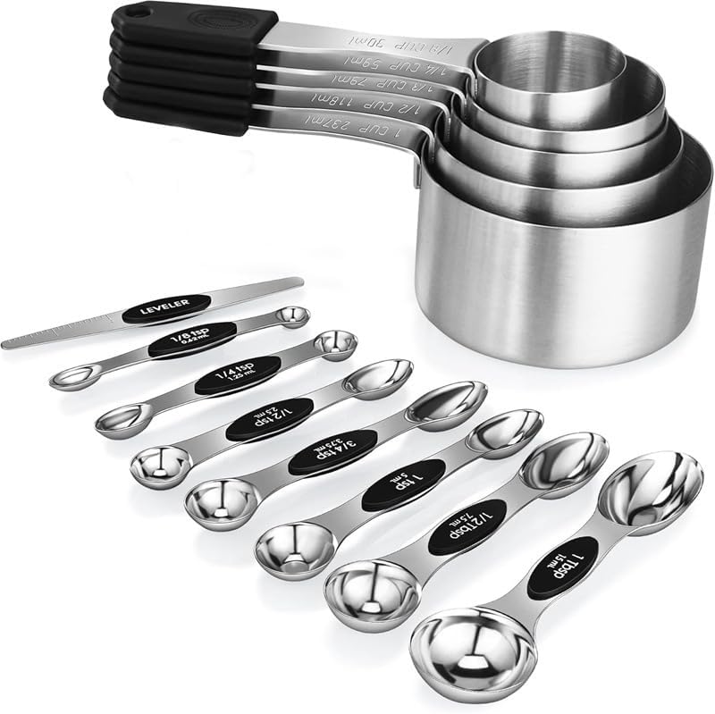 13-Piece All-Magnetic Measuring Cups and Spoons Set, 430 Stainless Steel Metal Measuring Cup and Spoon Set with Silicone Handles & Leveler for Baking Cooking (Black)