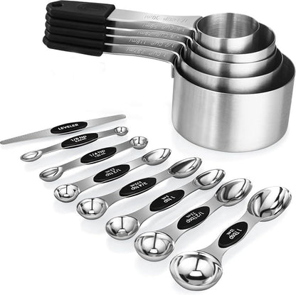 13-Piece All-Magnetic Measuring Cups and Spoons Set, 430 Stainless Steel Metal Measuring Cup and Spoon Set with Silicone Handles & Leveler for Baking Cooking (Black)