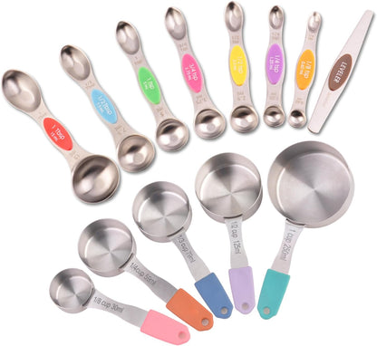 13-Piece All-Magnetic Measuring Cups and Spoons Set, 430 Stainless Steel Metal Measuring Cup and Spoon Set with Silicone Handles & Leveler for Baking Cooking (Black)