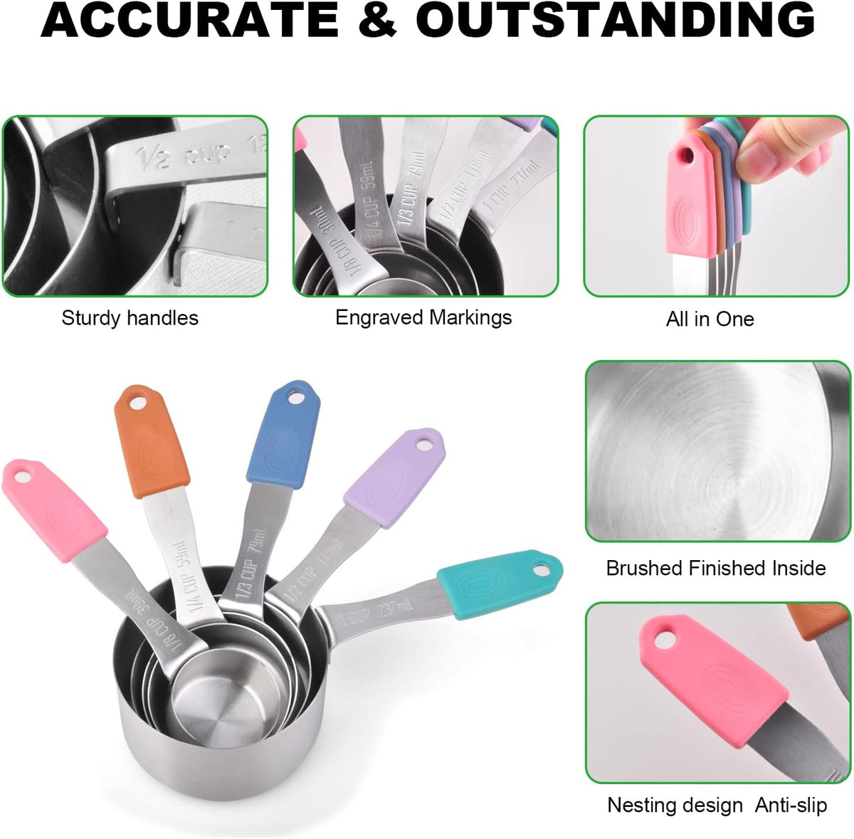13-Piece All-Magnetic Measuring Cups and Spoons Set, 430 Stainless Steel Metal Measuring Cup and Spoon Set with Silicone Handles & Leveler for Baking Cooking (Black)