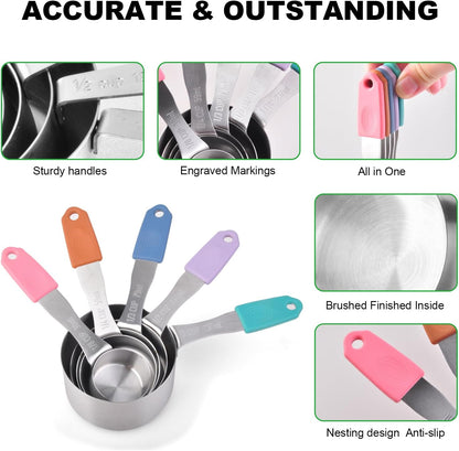 13-Piece All-Magnetic Measuring Cups and Spoons Set, 430 Stainless Steel Metal Measuring Cup and Spoon Set with Silicone Handles & Leveler for Baking Cooking (Black)