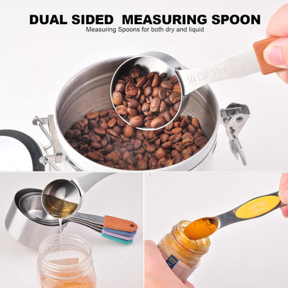 13-Piece All-Magnetic Measuring Cups and Spoons Set, 430 Stainless Steel Metal Measuring Cup and Spoon Set with Silicone Handles & Leveler for Baking Cooking (Black)
