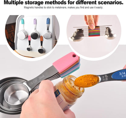 13-Piece All-Magnetic Measuring Cups and Spoons Set, 430 Stainless Steel Metal Measuring Cup and Spoon Set with Silicone Handles & Leveler for Baking Cooking (Black)