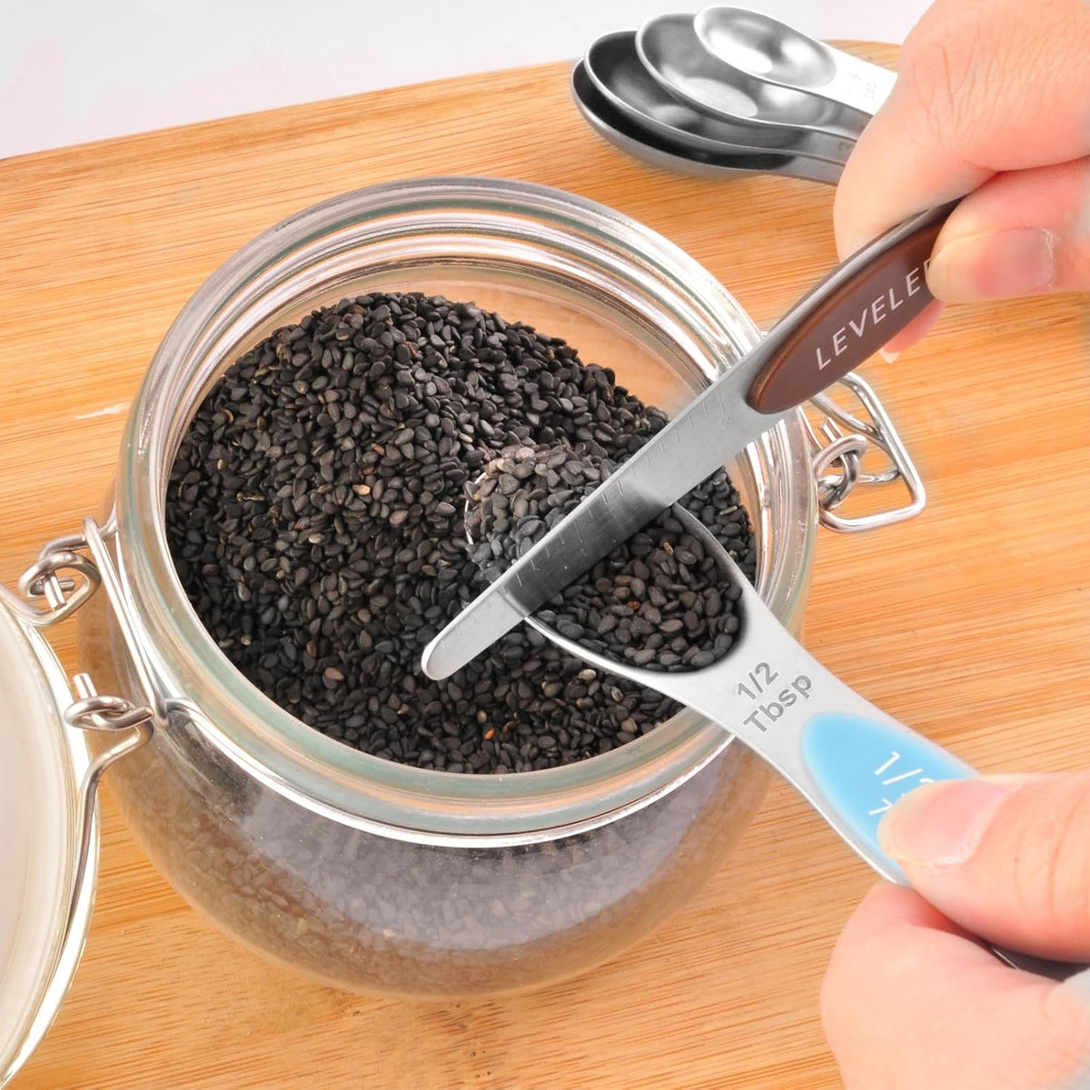 13-Piece All-Magnetic Measuring Cups and Spoons Set, 430 Stainless Steel Metal Measuring Cup and Spoon Set with Silicone Handles & Leveler for Baking Cooking (Black)