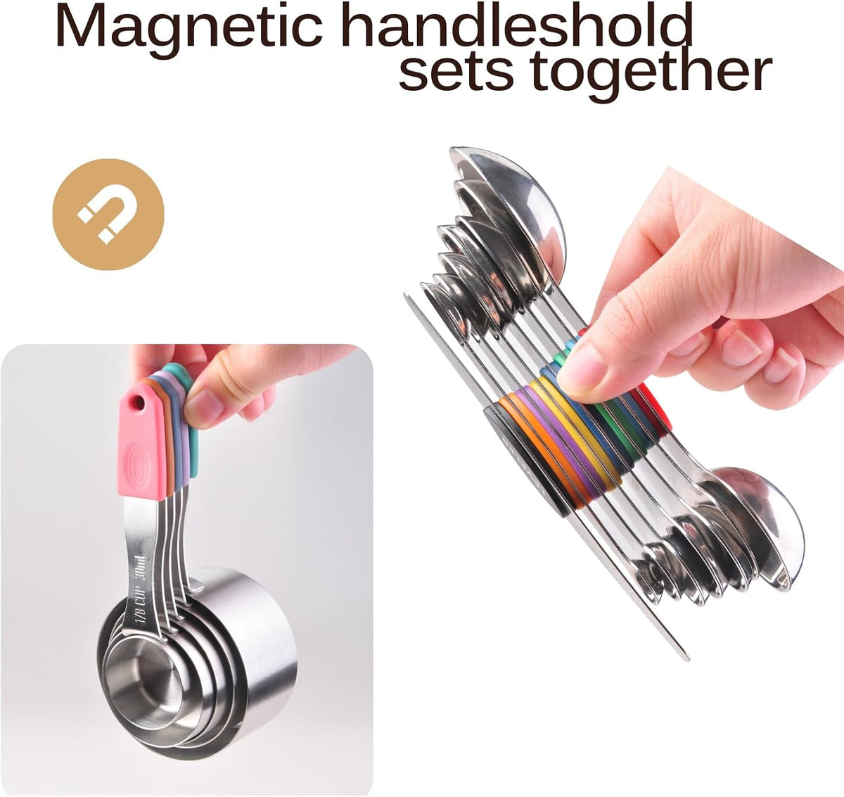 13-Piece All-Magnetic Measuring Cups and Spoons Set, 430 Stainless Steel Metal Measuring Cup and Spoon Set with Silicone Handles & Leveler for Baking Cooking (Black)