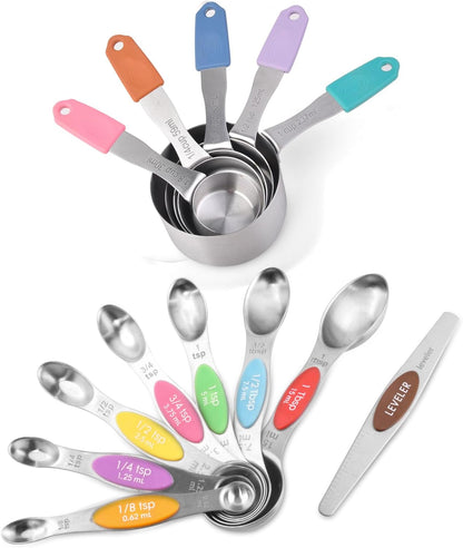 13-Piece All-Magnetic Measuring Cups and Spoons Set, 430 Stainless Steel Metal Measuring Cup and Spoon Set with Silicone Handles & Leveler for Baking Cooking (Black)