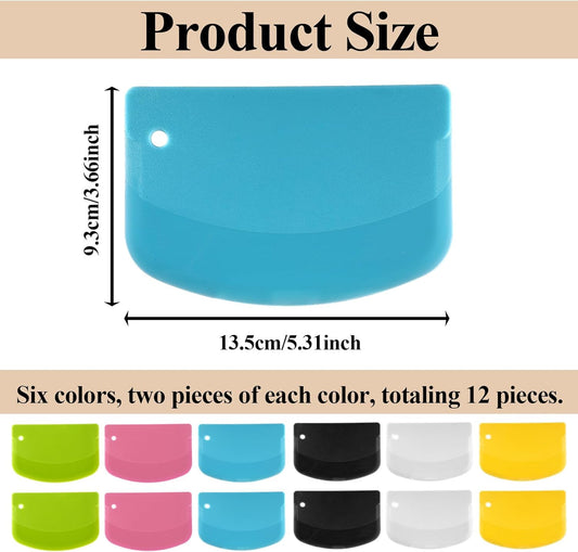 12PCS Dough Scraper, Plastic Thickened Bench Scraper 6 Colors Multipurpose Bowl Scraper for Kitchen, Baking, Cake, Bread, Pizza, and Pastry