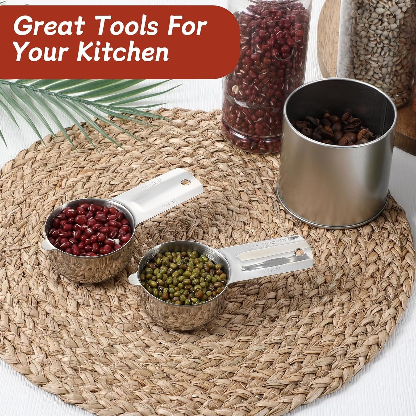 2PCS 1/4 Cup Scoop Measuring Cup (60ml, 2oz) Stainless Steel Coffee Measuring Scoops for Flour Rice Dog Food Wet and Dry Ingredients, Dishwasher Safe