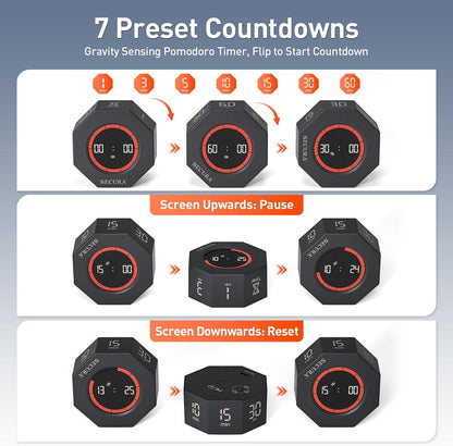 Pomodoro Timer for ADHD & Productivity, Flip Cube Timer with 7 Presets (1/3/5/10/15/30/60 Min), Visual Countdown Progress Bar for Work, Study, Kids & Desk (White)