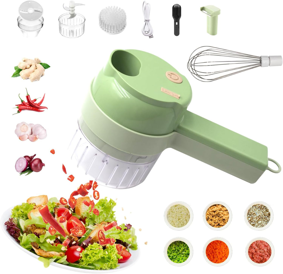 4 in 1 Multi-Functional Portable Electric Vegetable Cutter Set, Wireless Vegetable Processor for Garlic, Peppers, Onions, Celery, Ginger, Meat, With Brush, Comes with Egg & Cream Beater.