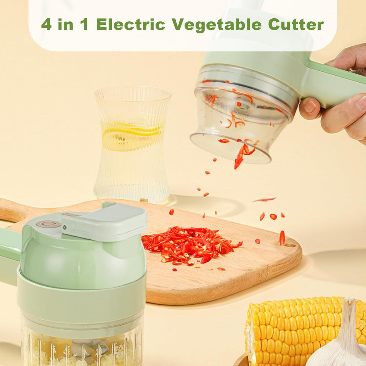 4 in 1 Multi-Functional Portable Electric Vegetable Cutter Set, Wireless Vegetable Processor for Garlic, Peppers, Onions, Celery, Ginger, Meat, With Brush, Comes with Egg & Cream Beater.