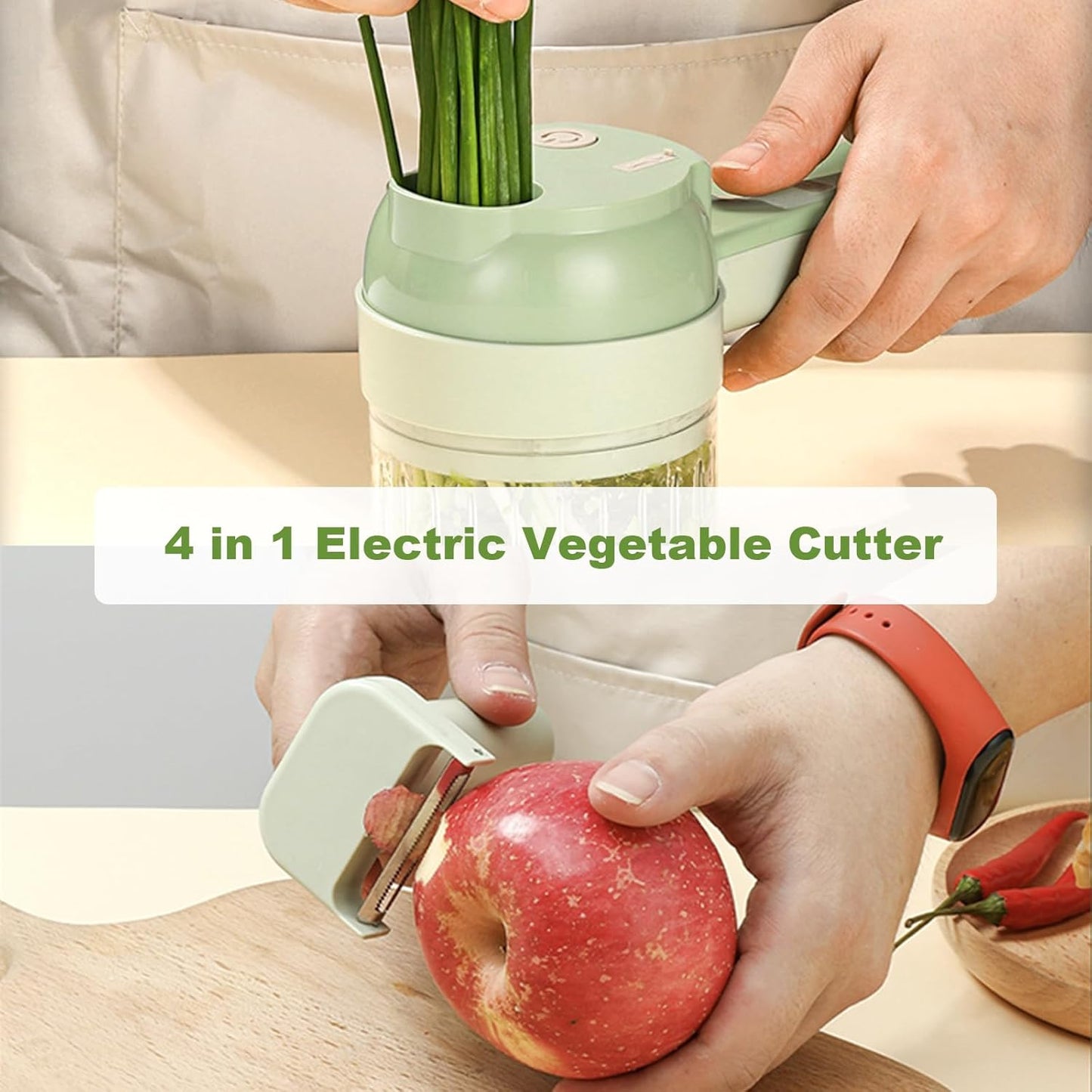 4 in 1 Multi-Functional Portable Electric Vegetable Cutter Set, Wireless Vegetable Processor for Garlic, Peppers, Onions, Celery, Ginger, Meat, With Brush, Comes with Egg & Cream Beater.