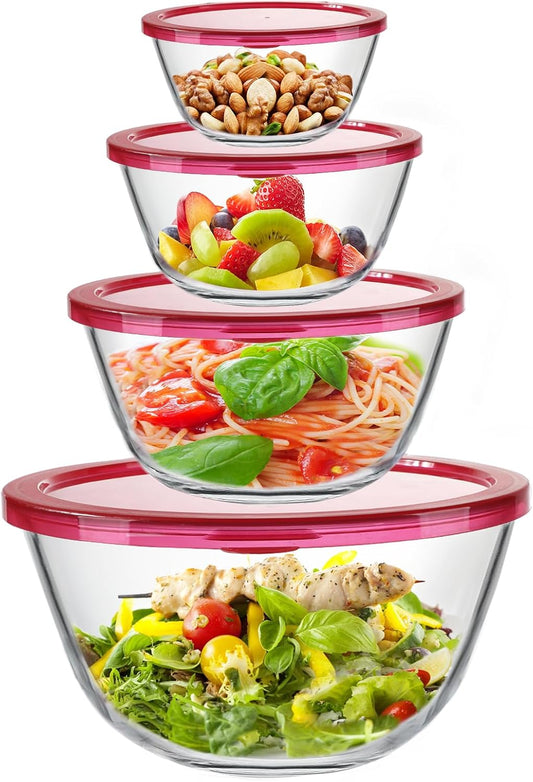KOMUEE 4 Pack Glass Mixing Bowls Set with Lids (4.8QT, 2.9QT, 1.7QT, 0.8QT) | Glass Nesting Bowls for Kitchen Baking, Cooking and Serving, Oven, Dishwasher, Freezer, and Microwave Safe