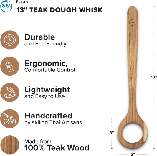 13" Dough Whisk, 100% Healthy Teak Kitchen Utensils for Bread Mixing, Sourdough, Batter Preparation, Baking, and Cooking Tools