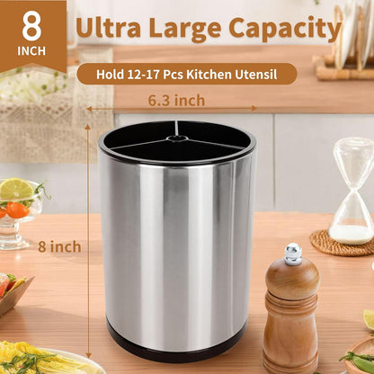 Extra Large Kitchen Utensil Holder, 360° Rotating Stainless Steel Cooking Utensil Holder for Countertop, 3 Compartment Flatware Organizer & Cooking Caddy with Removable Base（Silvery）