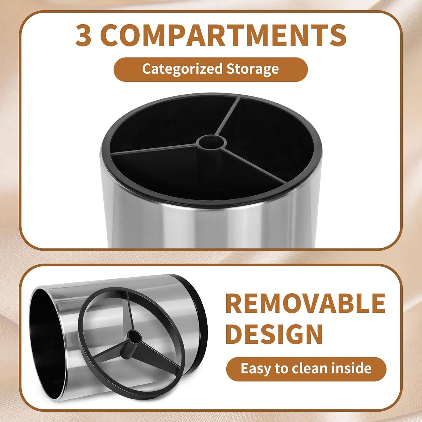 Extra Large Kitchen Utensil Holder, 360° Rotating Stainless Steel Cooking Utensil Holder for Countertop, 3 Compartment Flatware Organizer & Cooking Caddy with Removable Base（Silvery）