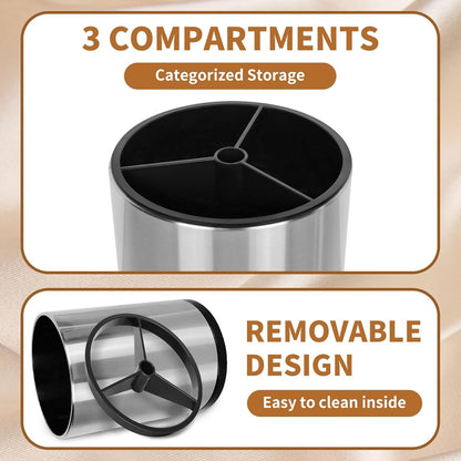 Extra Large Kitchen Utensil Holder, 360° Rotating Stainless Steel Cooking Utensil Holder for Countertop, 3 Compartment Flatware Organizer & Cooking Caddy with Removable Base（Silvery）