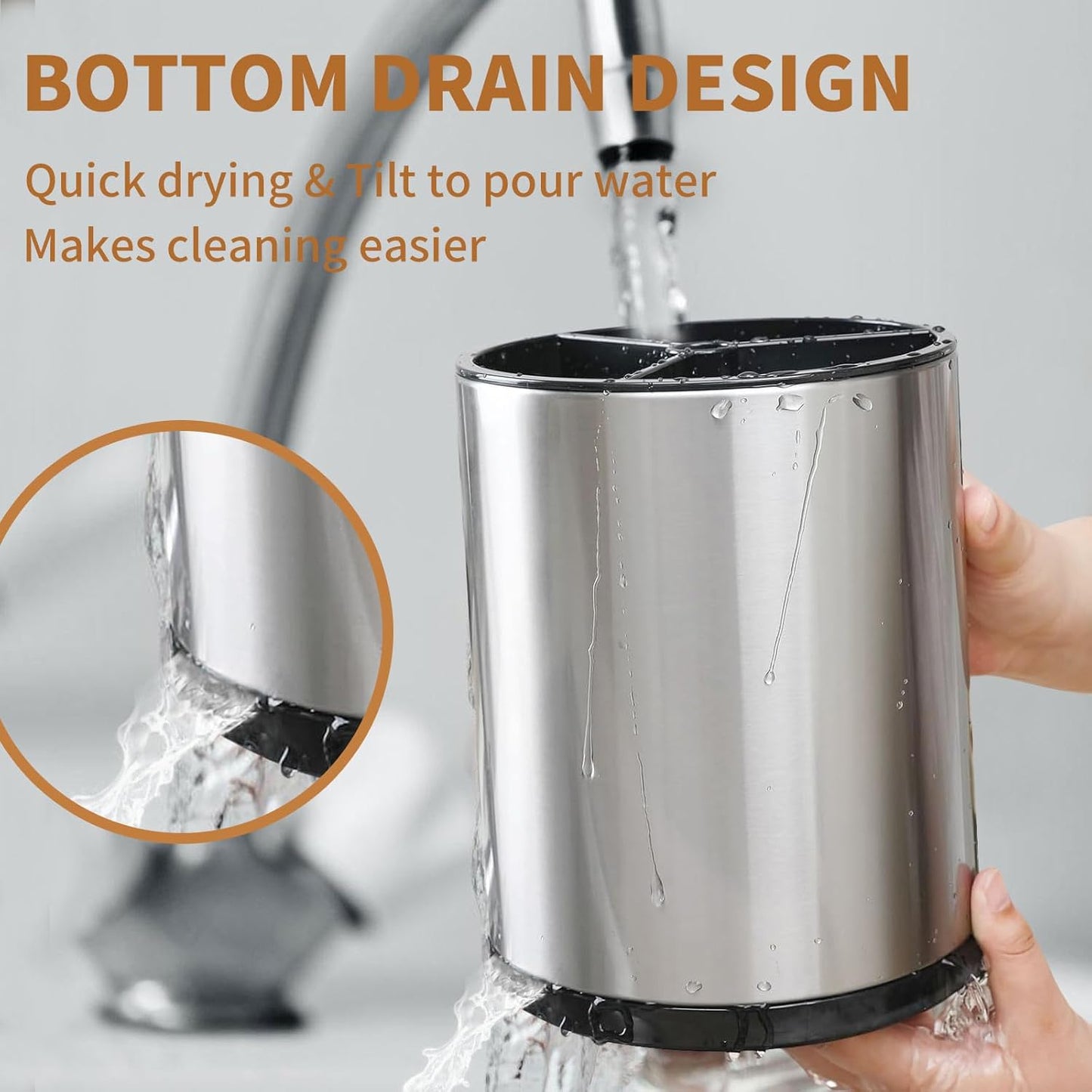 Extra Large Kitchen Utensil Holder, 360° Rotating Stainless Steel Cooking Utensil Holder for Countertop, 3 Compartment Flatware Organizer & Cooking Caddy with Removable Base（Silvery）
