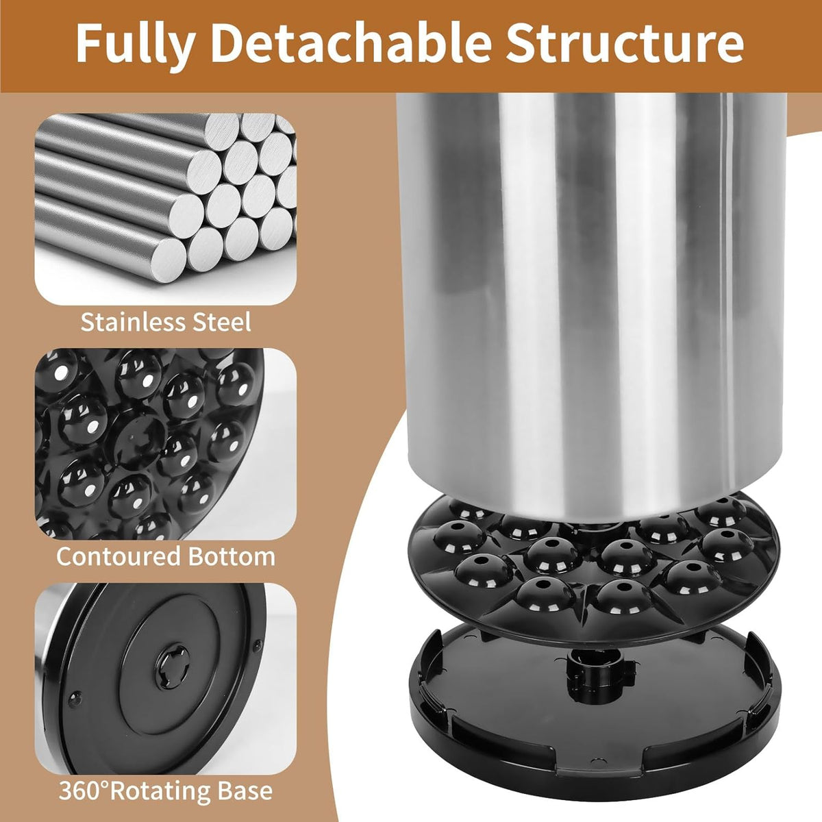 Extra Large Kitchen Utensil Holder, 360° Rotating Stainless Steel Cooking Utensil Holder for Countertop, 3 Compartment Flatware Organizer & Cooking Caddy with Removable Base（Silvery）
