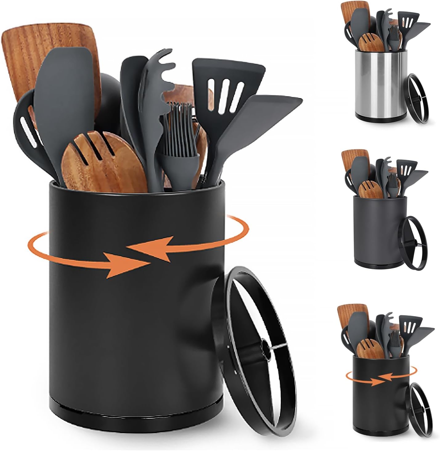 Extra Large Kitchen Utensil Holder, 360° Rotating Stainless Steel Cooking Utensil Holder for Countertop, 3 Compartment Flatware Organizer & Cooking Caddy with Removable Base（Silvery）