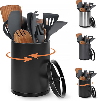 Extra Large Kitchen Utensil Holder, 360° Rotating Stainless Steel Cooking Utensil Holder for Countertop, 3 Compartment Flatware Organizer & Cooking Caddy with Removable Base（Silvery）